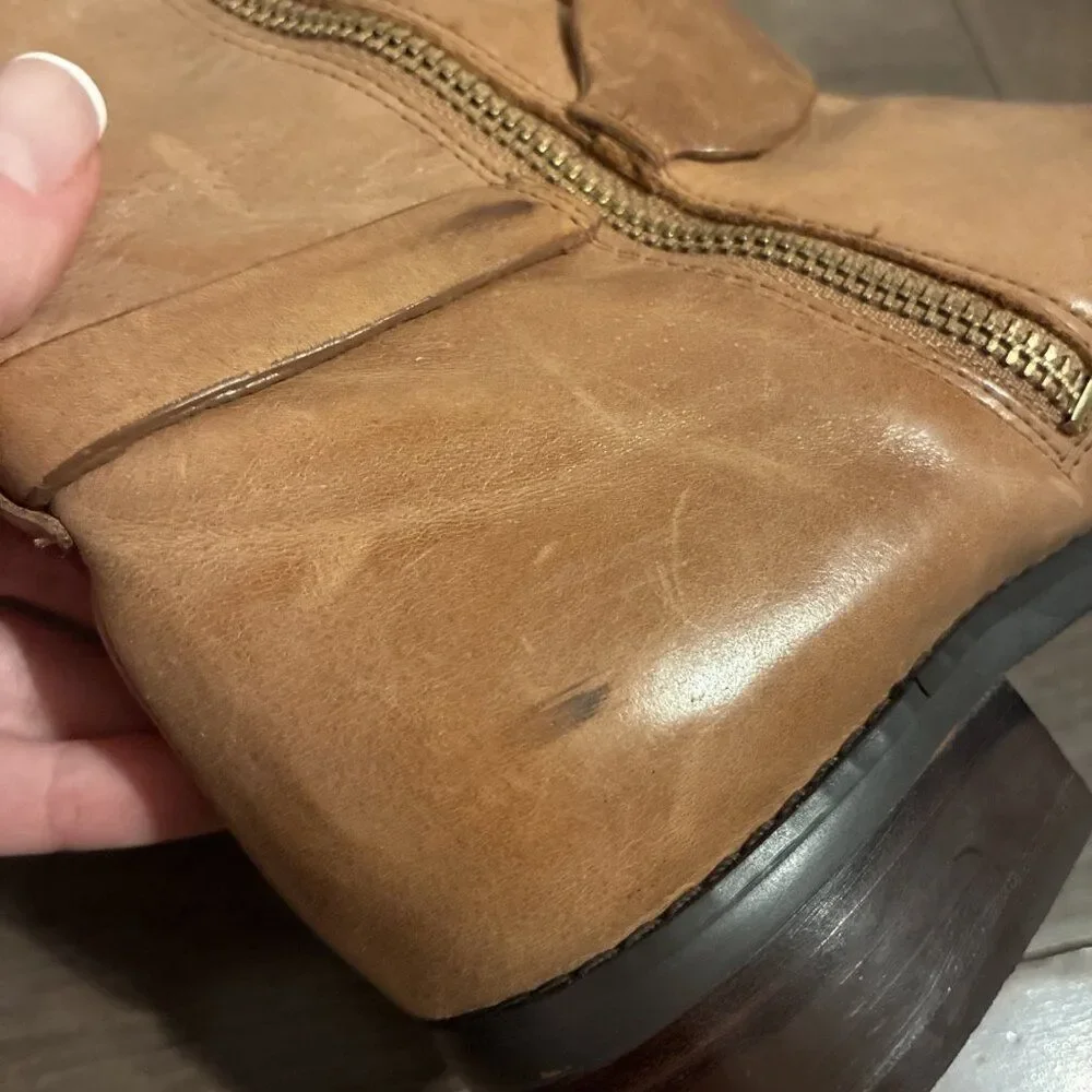 MICHAEL KORS FULTON HARNESS Camel Brown  GOLD MK LOGO LUGGAGE RIDING BOOTS 7.5